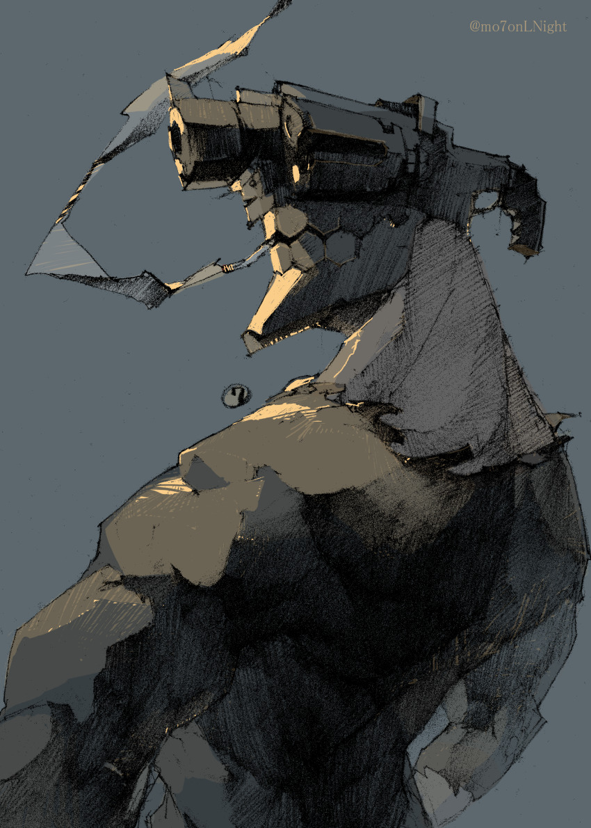1boy ? absurdres black_shirt blue_background cigarette cyborg highres inui_juuzou looking_back male_focus manly mr7jrsno no_eyes no_guns_life shading shirt signature simple_background smoking torn_clothes torn_shirt twitter_username unusual_head