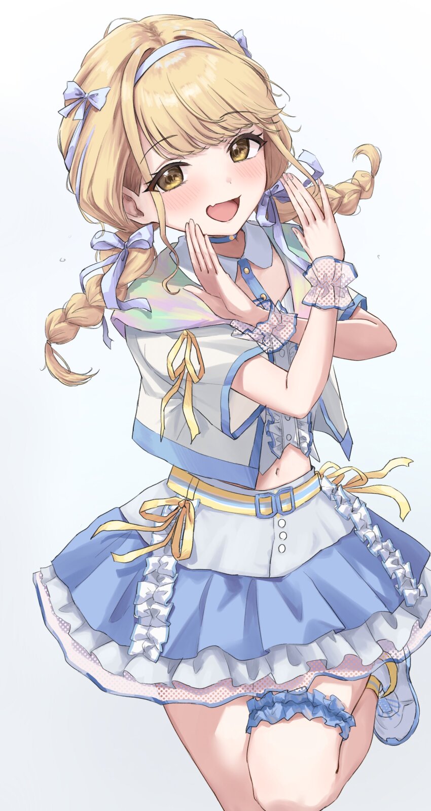 1girl absurdres belt blonde_hair blue_background blue_belt blue_choker blue_ribbon blue_scrunchie blue_skirt blue_trim blush bow braid breasts choker cowboy_shot fang floating_hair frilled_shirt frills fujita_kotone gakuen_idolmaster hair_bow hair_ribbon highres idolmaster jacket layered_skirt long_hair looking_at_viewer midriff minazuki_(uraha246) miniskirt navel open_clothes open_hands open_jacket open_mouth polka_dot polka_dot_scrunchie polka_dot_skirt ribbon scrunchie see-through_clothes see-through_skirt sekaiichi_kawaii_watashi_(idolmaster) shirt shoes short_sleeves simple_background skin_fang skirt small_breasts smile sneakers socks solo standing standing_on_one_leg thigh_scrunchie translated twin_braids two-tone_belt two-tone_skirt white_jacket white_shirt white_shoes white_skirt wrist_scrunchie x_arms yellow_belt yellow_eyes yellow_ribbon yellow_socks