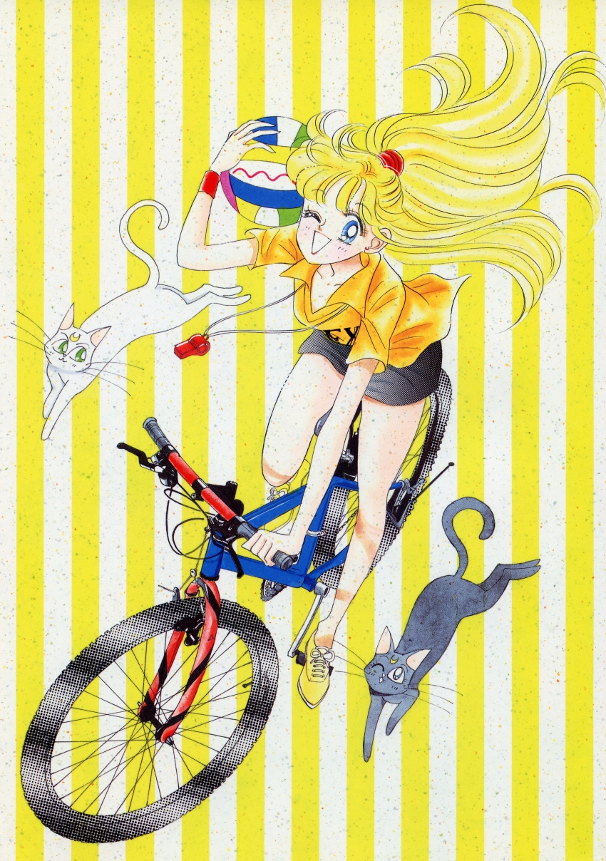 1girl ;d absurdres aino_minako animal artbook ball bicycle bishoujo_senshi_sailor_moon black_cat blonde_hair blue_eyes casual cat crescent crescent_facial_mark facial_mark forehead_mark full_body highres holding holding_ball incredibly_absurdres luna_(sailor_moon) official_alternate_costume official_alternate_hairstyle official_art one_eye_closed open_mouth orange_shirt pale_skin ponytail riding riding_bicycle scan shirt shoes short_sleeves smile striped_background takeuchi_naoko vertical-striped_background volleyball whistle whistle_around_neck white_cat wristband yellow_shoes