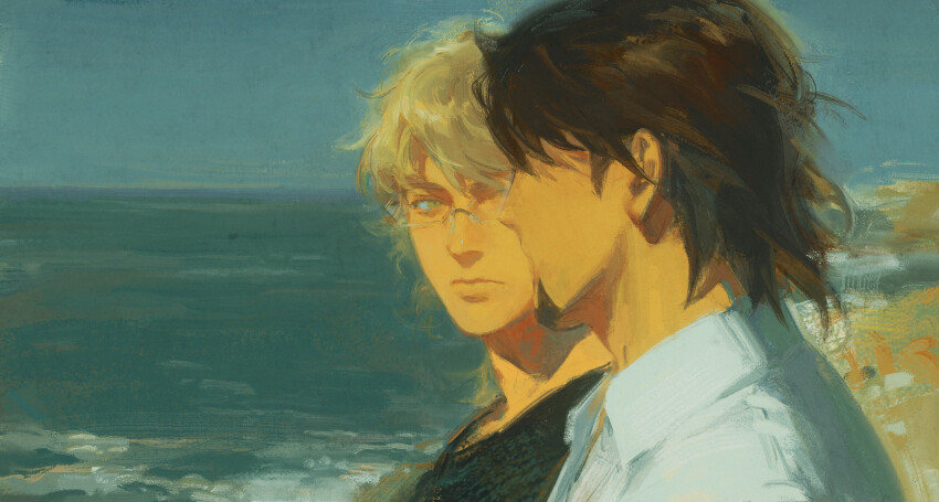 2boys absurdres barnaby_brooks_jr. black_shirt blonde_hair blue_eyes brown_hair closed_mouth collared_shirt commentary_request creamyghost facial_hair glasses goatee highres kaburagi_t._kotetsu looking_at_another male_focus multiple_boys ocean outdoors portrait_of_a_lady_on_fire rimless_eyewear scene_reference shirt sideburns sky tiger_&amp;_bunny upper_body water white_shirt