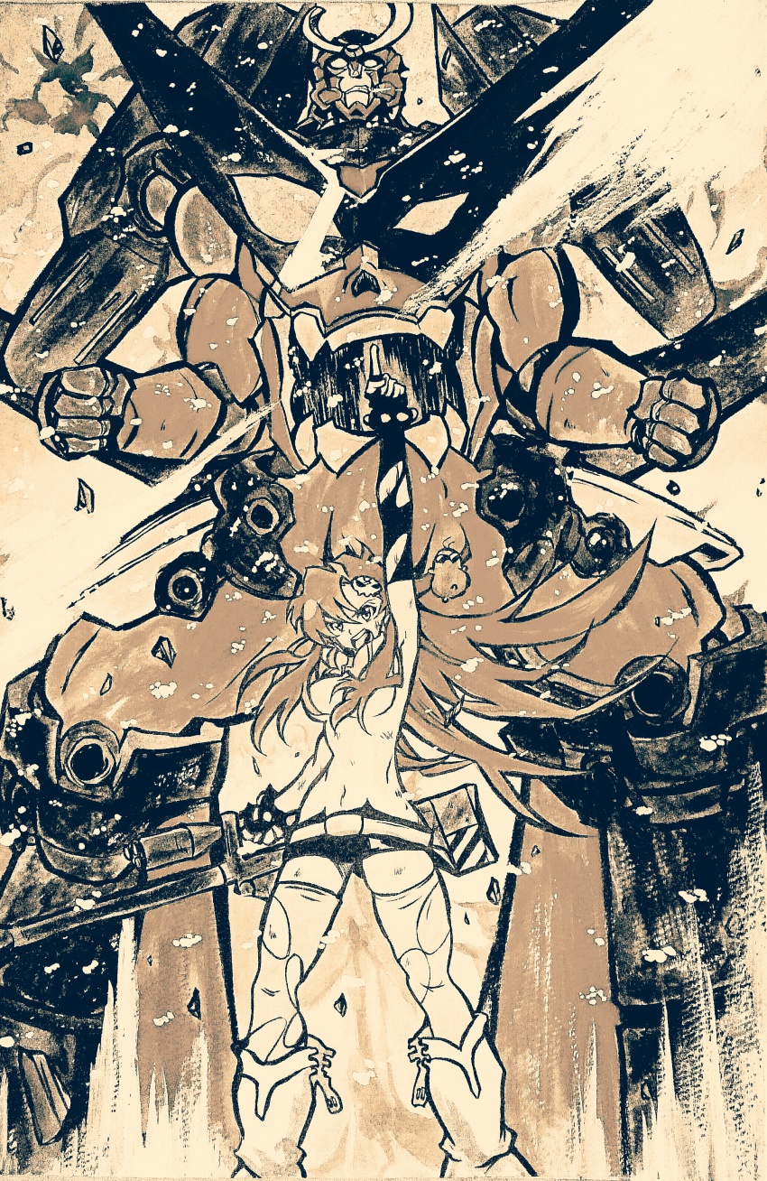00s 1girl absurdres anti-materiel_rifle boota_(ttgl) gun gurren-lagann hair_down hair_ornament highres kamina_pose mecha monochrome naoto_(pixiv12325284) pointing pointing_up rifle robot scarf short_shorts shorts skull_hair_ornament sniper_rifle tengen_toppa_gurren_lagann tengen_toppa_gurren_lagann:_gurren-hen thighhighs topless_female torn_clothes torn_legwear weapon yoko_littner