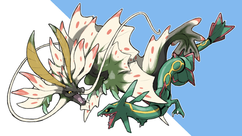 amatsumagatsuchi animal_focus black_sclera blacknirrow blue_background claws colored_sclera creatures_(company) crossover dragon eastern_dragon fangs game_freak gen_3_pokemon highres legendary_pokemon monster monster_hunter_(series) nintendo no_humans open_mouth outline pokemon pokemon_(creature) rayquaza simple_background two-tone_background white_background white_outline yellow_eyes