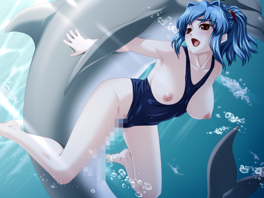 1girl anko_koubou barefoot bent_over bestiality blue_hair breasts brown_eyes censored clothing_aside dolphin feet game_cg hakudakukei happy happy_sex hypnosis kusakabe_nao mind_control mosaic_censoring narucho open_mouth saimin_pet sex solo_focus swimsuit swimsuit_aside underwater underwater_sex vaginal