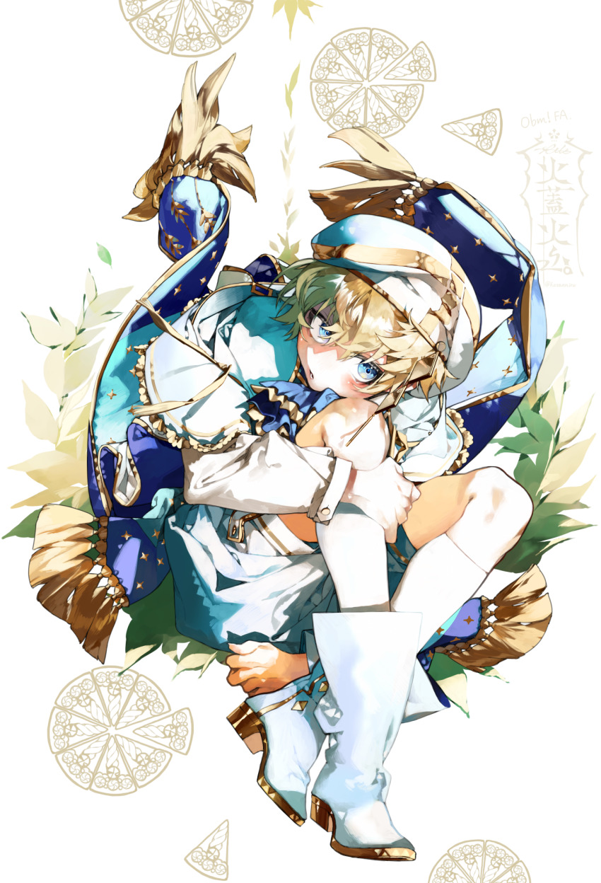 1boy blonde_hair blue_eyes boots full_body hat highres kazanniro looking_at_viewer luke_(obey_me!) male_focus obey_me!:_one_master_to_rule_them_all! parted_lips shirt short_hair sitting socks solo tassel white_boots white_shirt white_socks