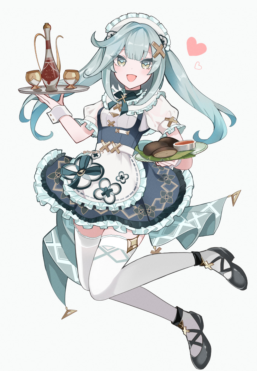 1girl :d absurdres apron aqua_hair black_shoes bow bowtie chaena_(exmd3552) commentary_request cup dress faruzan_(genshin_cafe_in_seoul)_(genshin_impact) faruzan_(genshin_impact) food frilled_apron frilled_dress frills full_body genshin_impact green_eyes hair_ornament heart highres holding holding_tray long_hair looking_at_viewer maid maid_apron maid_headdress official_alternate_costume open_mouth plate puffy_sleeves shoes short_sleeves simple_background smile solo symbol-shaped_pupils thighhighs tray triangle-shaped_pupils twintails twitter_username white_apron white_background white_sleeve_cuffs white_thighhighs x_hair_ornament zettai_ryouiki
