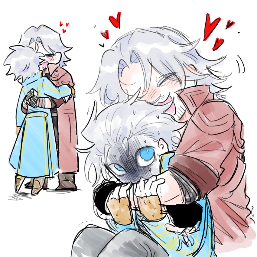 2boys beard_stubble black_gloves blue_coat blue_eyes brothers closed_eyes coat commentary dante_(devil_may_cry) devil_may_cry devil_may_cry_(series) devil_may_cry_3 devil_may_cry_5 facial_hair fufufuowo gloves hair_slicked_back heart highres hug hug_from_behind looking_at_another looking_back male_focus multiple_boys multiple_views open_mouth parted_hair popped_collar red_coat shoes siblings simple_background sitting sleeves_rolled_up stubble symbol-only_commentary time_paradox twins vergil_(devil_may_cry) white_background white_hair