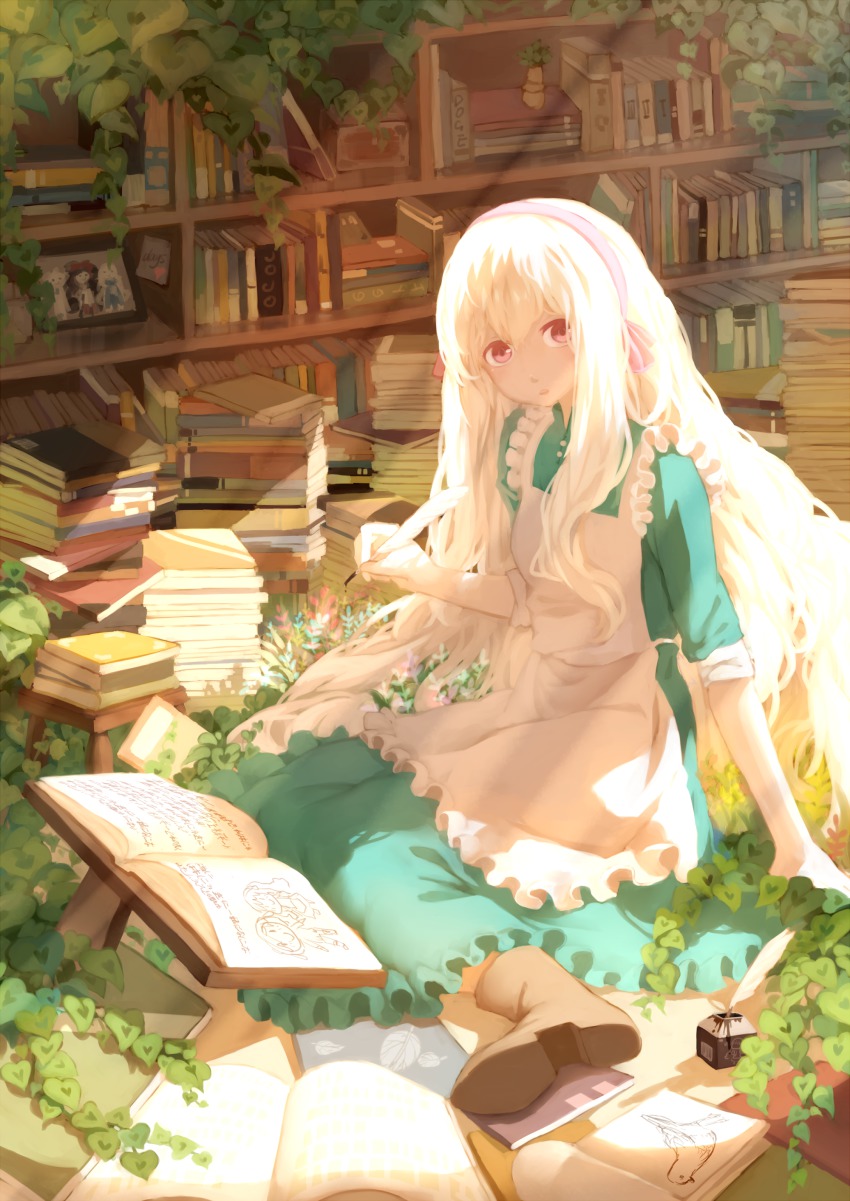 1girl absurdres apron arm_support bad_id bad_pixiv_id blonde_hair book book_stack bookshelf boots dress expressionless female_focus flower frilled_dress frills hair_ribbon highres inkwell ivy kagerou_project kozakura_marry light_rays long_hair looking_at_viewer overgrown pale_skin pink_eyes quill red_eyes ribbon sitting sleeves_pushed_up solo spencer_sais sunlight very_long_hair white_hair writing yokozuwari