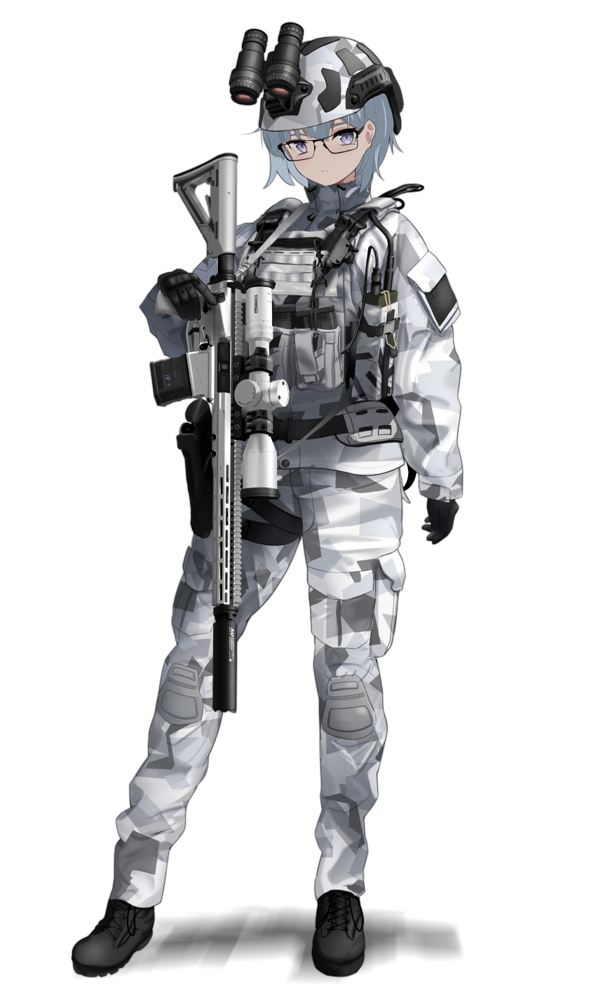 1girl absurdres black-framed_eyewear black_boots black_gloves boots camouflage camouflage_helmet camouflage_pants camouflage_shirt combat_helmet commentary commission english_commentary full_body glasses gloves grey_hair gun helmet highres holding holding_gun holding_weapon long_sleeves military_combat_uniform military_fatigues military_uniform original pants pixiv_commission purple_eyes rynn_(rynn_cube) scope shirt short_hair simple_background snow_camouflage solo standing sweden swedish_army walkie-talkie weapon white_background