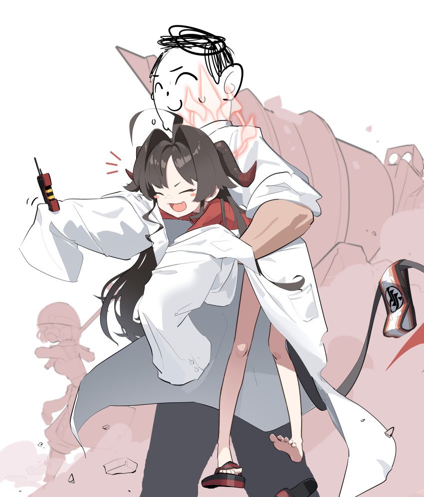 1boy 2girls ^_^ absurdres ahoge bare_legs barefoot blue_archive blush carrying carrying_person carrying_under_arm closed_eyes coat dark-skinned_male dark_skin demon_horns demon_tail detonator domado doodle_sensei_(blue_archive) drill dust fang hair_intakes halo hetero highres horns kasumi_(blue_archive) lab_coat long_sleeves multiple_girls notice_lines red_shirt sensei_(blue_archive) shirt single_slipper skin_fang sleeves_past_fingers sleeves_past_wrists slippers soles tail toes white_coat white_shirt