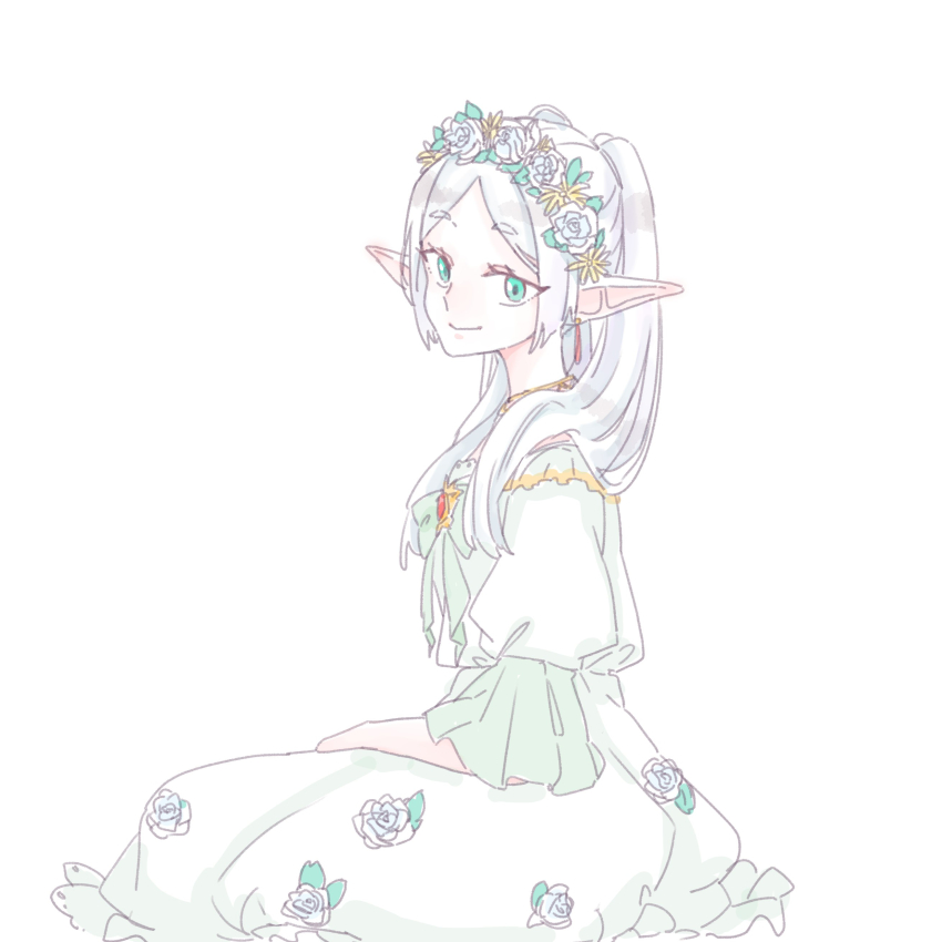 1girl absurdres closed_mouth dress elf floral_print flower forehead frieren from_side green_eyes grey_flower grey_hair grey_rose hair_over_shoulder highres long_hair looking_at_viewer looking_to_the_side parted_bangs pointy_ears print_dress puffy_short_sleeves puffy_sleeves rose seila_rei short_sleeves simple_background smile solo sousou_no_frieren twintails white_background white_dress