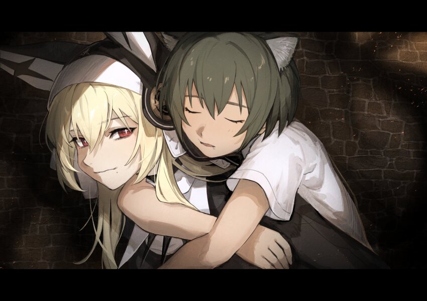 1boy 1girl animal_ear_headwear blonde_hair brown_hair carrying child close-up closed_mouth cross-shaped_pupils dark-skinned_male dark_skin fake_animal_ears highres mephisto_(angraecum) mole mole_under_mouth original piggyback red_eyes short_hair sister_yulia smile stone_wall symbol-shaped_pupils upper_body wall