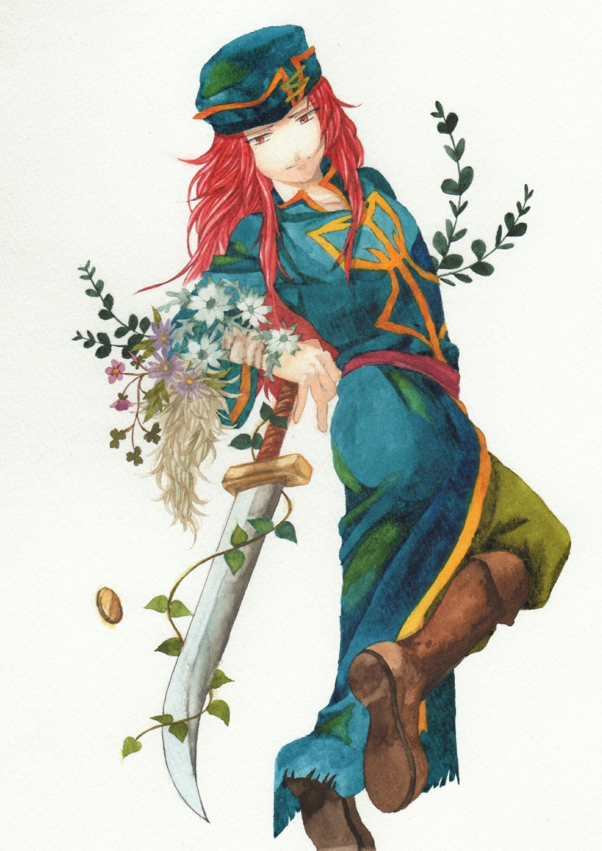 1boy absurdres arm_wrap blue_headwear boots brown_boots coin fire_emblem flower ha_(nhgch87) highres joshua_(fire_emblem) long_hair looking_at_viewer male_focus nintendo red_hair simple_background solo sword weapon white_background