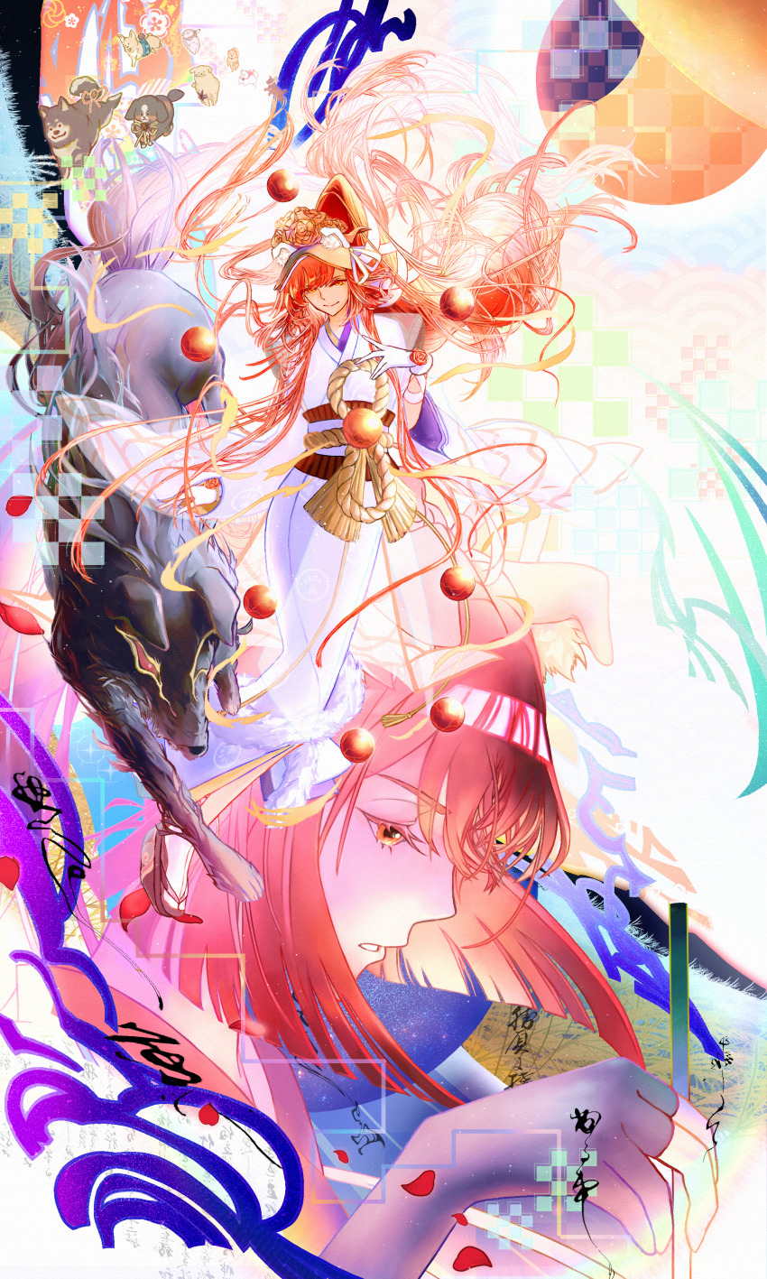 1girl absurdres animal animal_ears bernese_mountain_dog dog dog_ears fate/grand_order fate_(series) flower german_shepherd gloves golden_retriever hair_ornament highres holding husky japanese_clothes kimono kyokutei_bakin_(fate) kyokutei_bakin_(third_ascension)_(fate) long_hair long_sleeves mikotoba-kaede multicolored_kimono multiple_dogs orange_flower orange_hair orange_rose oversized_animal red_eyes rope rose samoyed_(dog) shimenawa smile very_long_hair welsh_corgi white_gloves white_kimono wide_sleeves