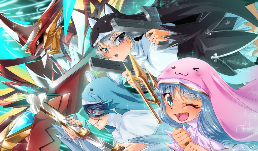 1boy 3girls absurdres black_dress black_eyes black_sclera blue_eyes blue_hair colored_sclera commission digimon dress dual_wielding gerusyu grey_hair gun highres holding holding_gun holding_polearm holding_sword holding_weapon horns jesmon jesmon_gx katana long_hair looking_at_viewer multiple_girls nail_polish nun pink_dress pixiv_commission polearm single_horn sistermon_blanc sistermon_ciel sistermon_noir smirk sword trident weapon white_dress yellow_eyes
