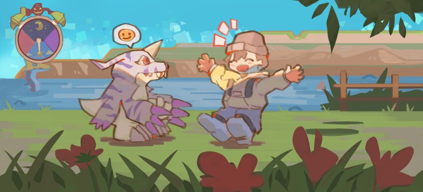 765_nanami absurdres beanie black_hat blue_pants clockmon closed_eyes coat colored_skin commentary digimon digimon_(creature) digimon_world dragon english_commentary fence fur_coat gabumon gameplay_mechanics hat highres hood hood_down hoodie horns lake male_focus mameo_(digimon) nature outdoors pants red_eyes reptile seadramon sharp_teeth single_horn smiley_face teeth yellow_hoodie yellow_skin