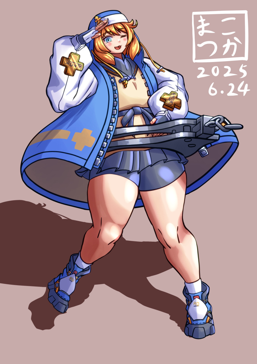 arc_system_works blonde_hair blue_eyes bridget_(guilty_gear) cuffs dress fingerless_gloves gloves guilty_gear guilty_gear_strive highres jacket salute shorts skirt
