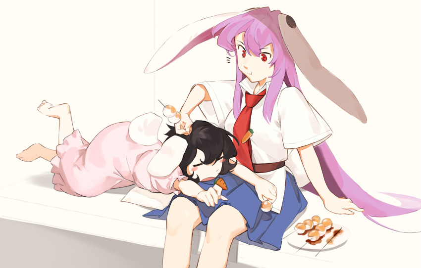 2girls animal_ears barefoot black_hair blue_skirt blush carrot carrot_necklace chewing collared_shirt commentary crt599 dango dress eating english_commentary floppy_ears food inaba_tewi jewelry long_hair lying mitarashi_dango multiple_girls necklace necktie on_lap on_stomach open_mouth pendant pink_dress plate purple_hair rabbit_ears rabbit_girl rabbit_tail red_eyes red_necktie reisen_udongein_inaba ribbon-trimmed_dress ribbon_trim shirt short_hair short_sleeves sitting skirt tail touhou very_long_hair wagashi white_background