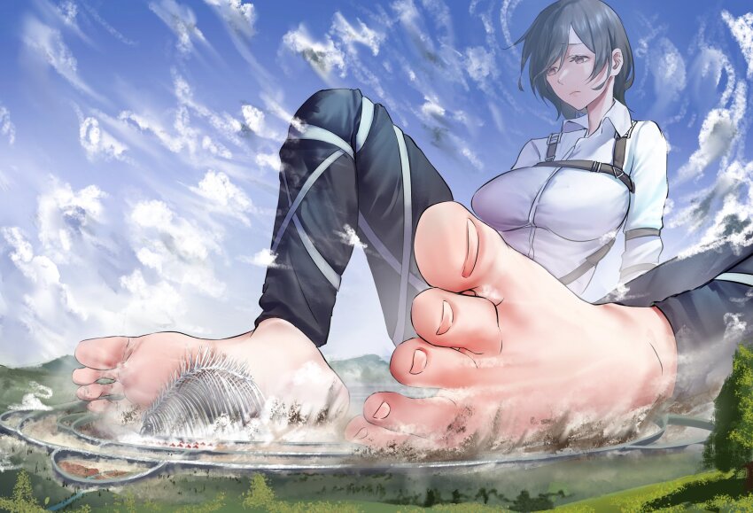 1girl antinomychina barefoot black_eyes black_hair black_pants cloud collared_shirt commission dress_shirt giant giantess highres long_sleeves mikasa_ackerman no_jacket pants shingeki_no_kyojin shirt short_hair sitting solo white_shirt