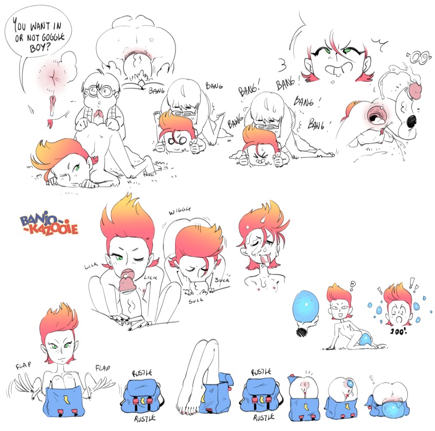1boy 1girl aftersex anal anus ass backpack bag banjo-kazooie bottles_(banjo-kazooie) breasts cum cum_in_ass cum_on_body deepthroat egg egg_laying facial fellatio flat_chest gaping hetero highres kazooie_(banjo-kazooie) large_penis nipples nude oral orgasm penis personification pussy_juice red_hair sequential skinny small_breasts spread_anus