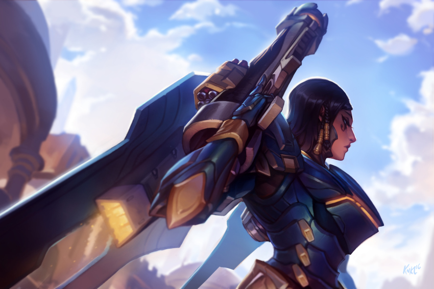 1girl armor artist_name black_hair blue_sky bodysuit braid brown_eyes cloud cloudy_sky dark-skinned_female dark_skin day eyelashes facial_mark facial_tattoo female_focus from_side gauntlets gun helmet highres jetpack kienan_lafferty overwatch overwatch_1 pauldrons pharah_(overwatch) power_armor rocket_launcher shoulder_armor shoulder_pads side_braid side_braids sky solo swept_bangs tattoo turtleneck upper_body weapon