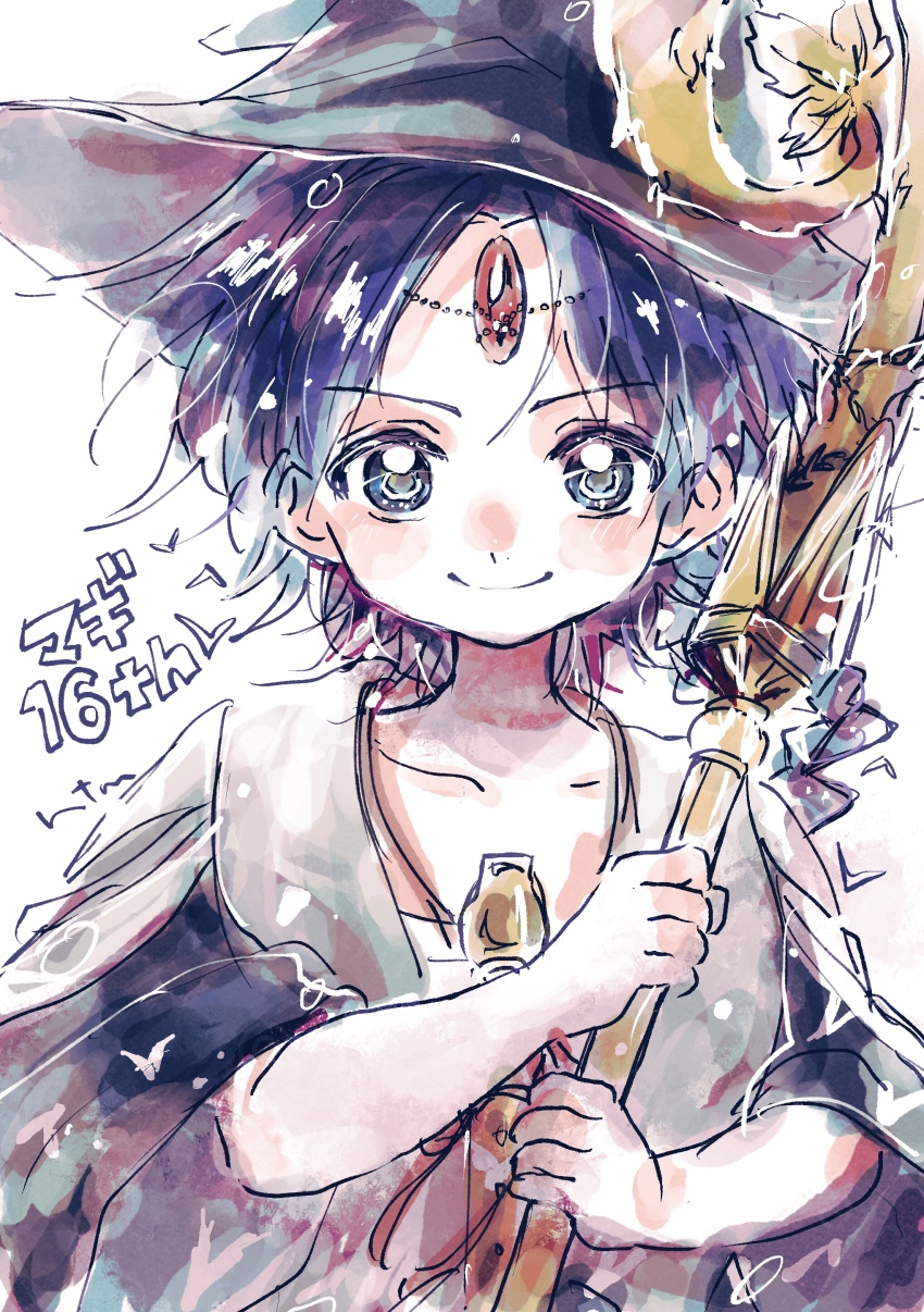 1boy absurdres aladdin_(magi) blue_eyes blue_hair braid braided_ponytail commentary_request flute hat head_chain highres holding holding_staff instrument jewelry long_hair looking_at_viewer magi_the_labyrinth_of_magic male_focus robe rukh_(magi) siat simple_background single_braid smile solo staff upper_body white_background witch_hat