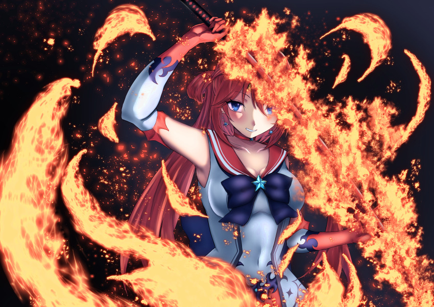 1girl back_bow black_background blue_bow blue_eyes bow breasts brooch choker cosplay covered_navel earrings elbow_gloves fire flaming_sword flaming_weapon gloves hair_bun highres holding holding_sword holding_weapon indie_virtual_youtuber jewelry kisaragi_karen_(vtuber) large_breasts long_hair looking_at_viewer magical_girl red_gloves red_hair red_sailor_collar red_skirt sailor_collar shinokana skirt smile solo star_(symbol) star_choker star_earrings sword twintails variant_set virtual_youtuber weapon
