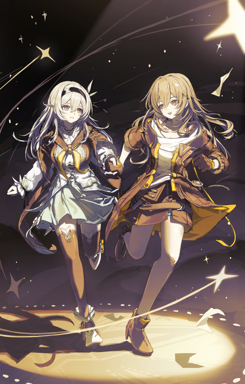 2girls absurdres black_capelet black_coat black_gloves black_hairband black_shoes black_skirt capelet coat firefly_(honkai:_star_rail) gloves green_skirt green_thighhighs grey_hair hairband highres holding_hands honkai:_star_rail honkai_(series) long_hair looking_at_another looking_back miniskirt multiple_girls neckerchief open_clothes open_coat open_mouth purple_eyes running shirt shoes skirt stelle_(honkai:_star_rail) thighhighs trailblazer_(honkai:_star_rail) vespark white_shirt yellow_eyes yellow_neckerchief
