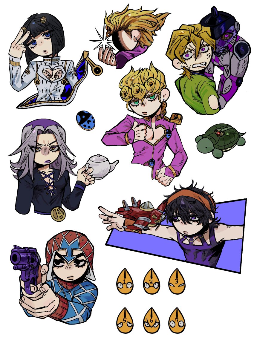 6+boys 6+others absurdres aerosmith_(stand) argyle_clothes argyle_sweater black_eyes black_hair black_helmet black_lips black_shirt blonde_hair blue_eyes blue_sweater bob_cut braid bruno_bucciarati bug chibi cleavage_cutout clenched_teeth clothing_cutout coco_jumbo cropped_torso dio_brando&#039;s_pose_(jojo) earrings face_in_shadow finger_on_trigger giorno_giovanna giorno_giovanna&#039;s_pose_(jojo) green_eyes green_shirt grey_hair guido_mista gun hair_ornament hairband hairclip handgun hat helmet highres holding holding_gun holding_teapot holding_weapon jacket jewelry jojo_no_kimyou_na_bouken jojo_pose ladybug_ornament long_hair long_sleeves luen24755844 male_focus multiple_boys multiple_others narancia_ghirga orange_hairband pannacotta_fugo pink_jacket purple_eyes purple_hair purple_haze_(stand) red_hat revolver salute sex_pistols_(stand) shirt short_hair stand_(jojo) sweater teapot teeth turtle turtleneck turtleneck_sweater two-finger_salute upper_body vento_aureo weapon white_background zipper