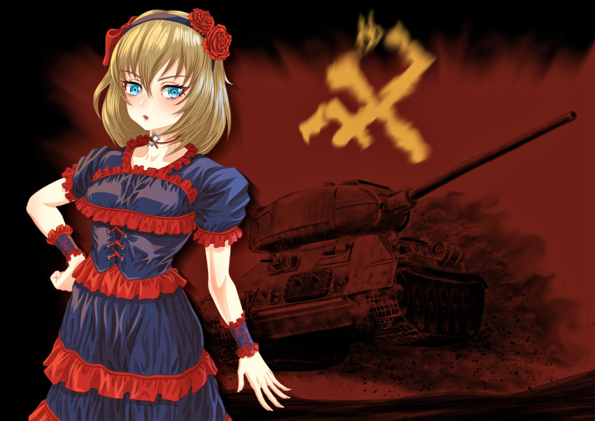 1girl black_dress black_hairband blonde_hair blue_eyes bob_cut bow choker commentary dress emblem flower frilled_cuffs frilled_dress frills frown girls_und_panzer hair_bow hair_flower hair_ornament hairband hand_on_own_hip highres katyusha_(girls_und_panzer) layered_dress looking_at_viewer medium_dress military military_vehicle motor_vehicle open_mouth pravda_(emblem) red_bow red_choker red_rope rope short_dress short_hair solo standing t-34 tank tigern_(tigern28502735)