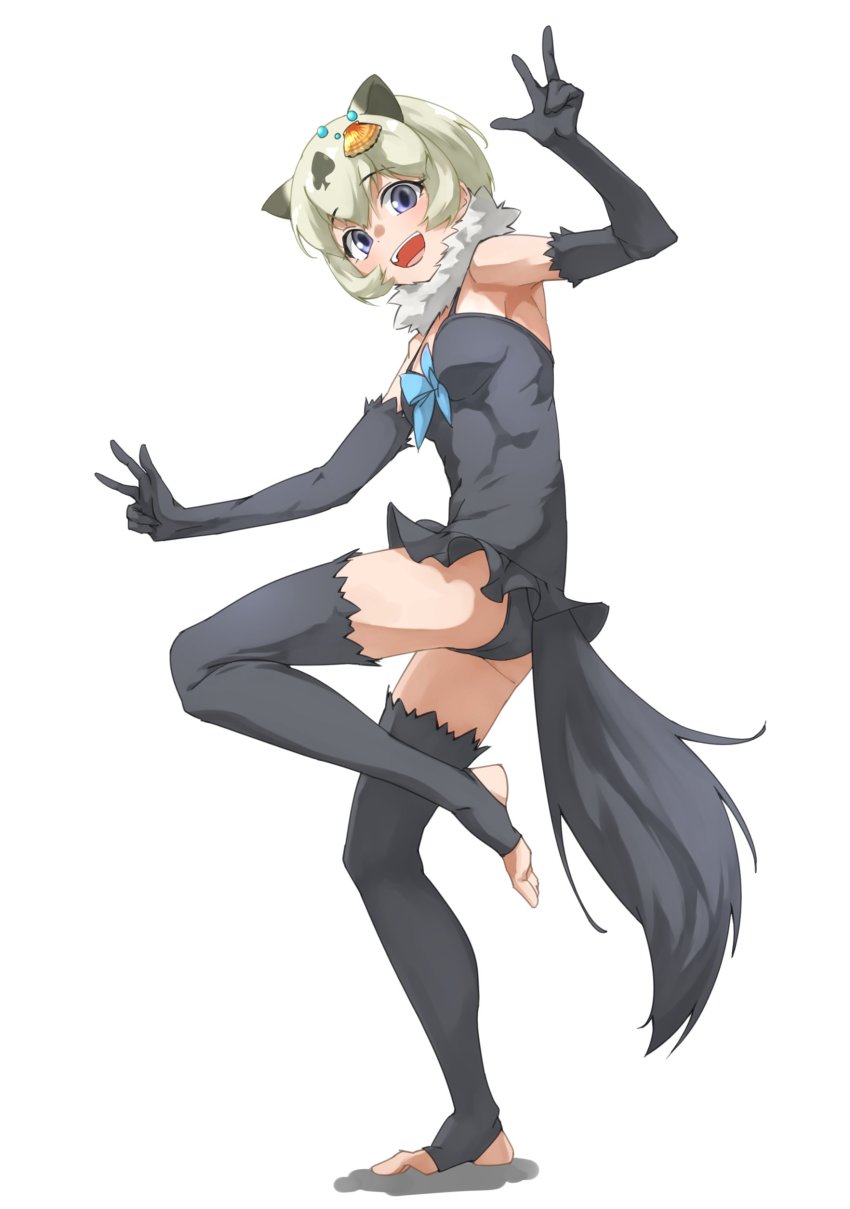 1girl absurdres animal_ears black_gloves black_hair black_one-piece_swimsuit black_thighhighs blue_bow blue_bowtie blue_eyes blush bow bowtie californian_sea_otter_(kemono_friends) commentary_request elbow_gloves extra_ears full_body fur_collar gloves hair_ornament highres kemono_friends looking_at_viewer multicolored_hair no_shoes one-piece_swimsuit open_mouth otter_ears otter_girl otter_tail shell_hair_ornament short_hair smile solo spade_hair_ornament spaghetti_strap standing standing_on_one_leg swimsuit tail tanabe_(fueisei) thighhighs toeless_legwear two-tone_hair white_fur white_hair zettai_ryouiki