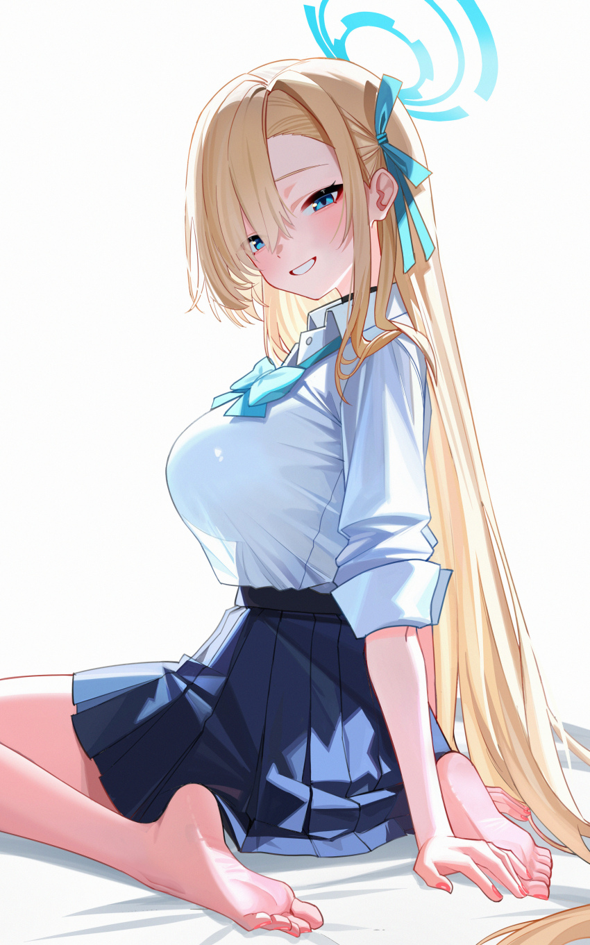 1girl absurdres asuna_(blue_archive) asuna_(school_uniform)_(blue_archive) barefoot blonde_hair blue_archive blue_bow blue_bowtie blue_eyes blue_halo blue_ribbon blue_skirt blush bow bowtie breasts chinese_commentary collared_shirt commentary_request fingerless_gloves from_behind gloves grin hair_between_eyes hair_ribbon halo highres large_breasts long_hair long_sleeves looking_at_viewer looking_back official_alternate_costume pleated_skirt ribbon shirt simple_background sitting skirt smile solo toes very_long_hair wariza white_background white_shirt yueyueyue_yao