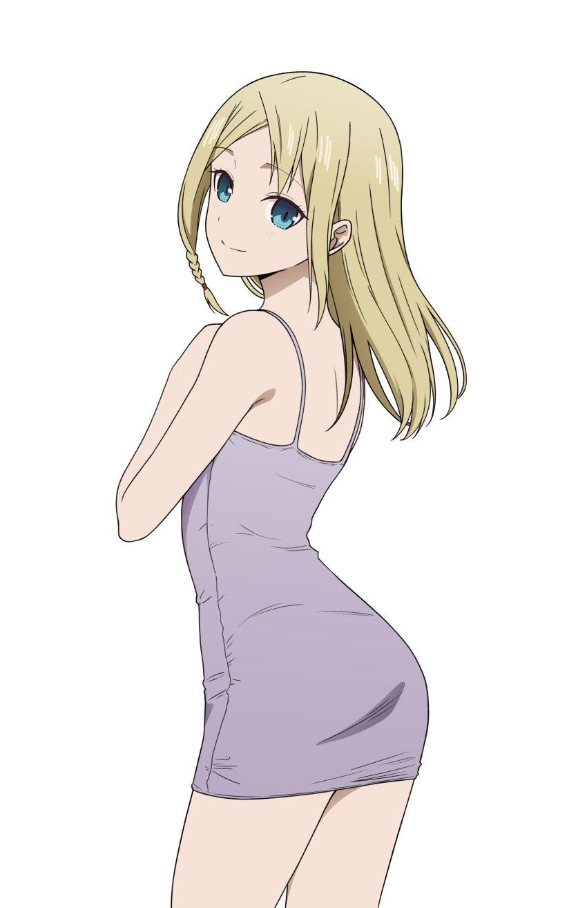 1girl absurdres ass blonde_hair blue_eyes braid commentary coro_fae cowboy_shot dot_nose dress from_behind hand_up hayasaka_ai highres kaguya-sama_wa_kokurasetai_~tensai-tachi_no_renai_zunousen~ long_hair looking_at_viewer looking_back microdress purple_dress simple_background sleeveless sleeveless_dress smile smithee_a._haysaca solo split_mouth standing turning_head white_background