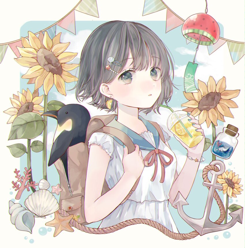 1girl anchor backpack bag bird black_hair blue_eyes blue_nails blue_sailor_collar blue_sky blush bottle bracelet brown_bag cloud commentary commentary_request coral cup dress drinking_straw earrings fingernails flower food food-themed_earrings food_themed_earrings fruit hair_ornament hairpin hands_up highres holding holding_cup holding_strap jewelry lemon lemon_earrings lemon_slice lemonade looking_at_viewer nail_polish open_bag original parted_lips penguin rope sailor_collar seashell shell shell_hair_ornament short_sleeves sky solo star_(symbol) star_hair_ornament starfish sunflower tententuyu water white_dress zipper zipper_pull_tab