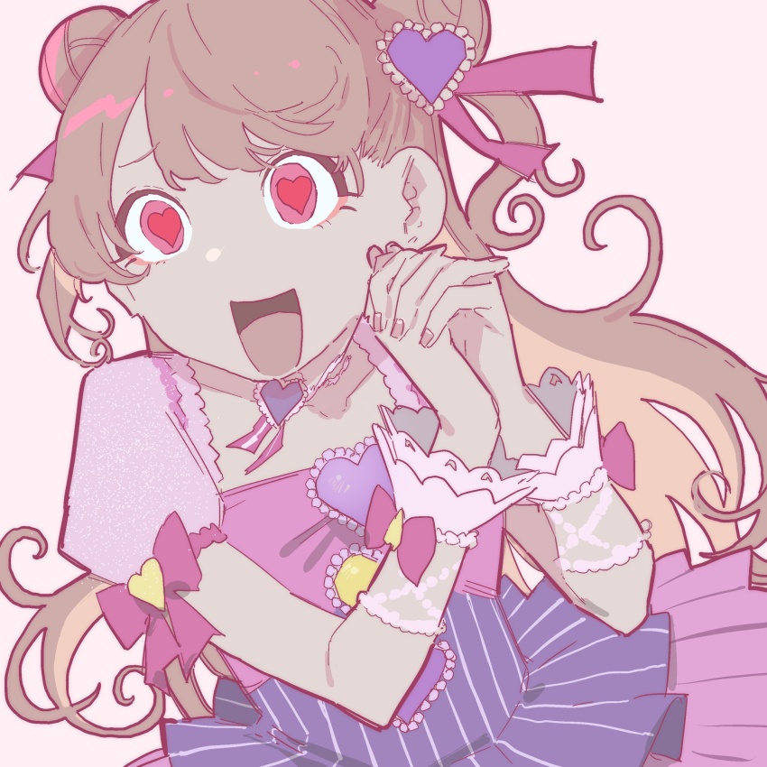 1girl :d bad_id bad_twitter_id brown_hair commentary_request crazy_eyes double_bun dress hair_bun hair_ornament hands_clasped_in_delight hands_up heart heart_hair_ornament heart_in_eye highres idol_clothes interlocked_fingers kanamori_maria kemura_(puripurinea) kiratto_pri_chan long_hair looking_ahead open_mouth own_hands_together pink_background pink_dress pink_eyes pretty_series simple_background smile solo symbol_in_eye two_side_up wrist_cuffs