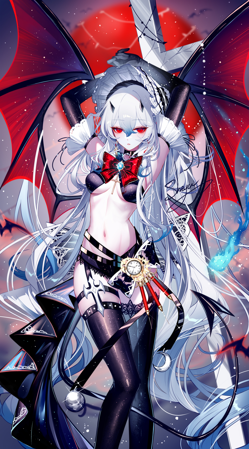 1girl absurdres armpits arms_up artist_name black_choker black_thighhighs bonnet bow bowtie breasts brooch choker feet_out_of_frame highres horns jewelry long_hair medium_breasts navel original red_bow red_bowtie red_eyes sheya signature solo stomach thighhighs thighs very_long_hair white_hair