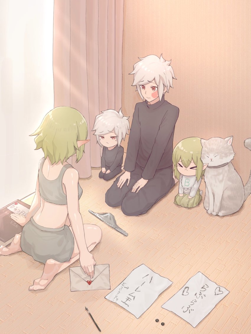 &gt;_&lt; 2boys 2girls bell_cranel bib blush cat dungeon_ni_deai_wo_motomeru_no_wa_machigatteiru_darou_ka ear_blush elf envelope frown green_hair heart highres if_they_mated kneeling letter multiple_boys multiple_girls niceumeboshi notebook paintbrush panties pointy_ears red_eyes ryu_lion seiza short_hair shorts sitting skirt slap_mark sweatdrop sweater tank_top turtleneck turtleneck_sweater underwear wax_seal white_hair