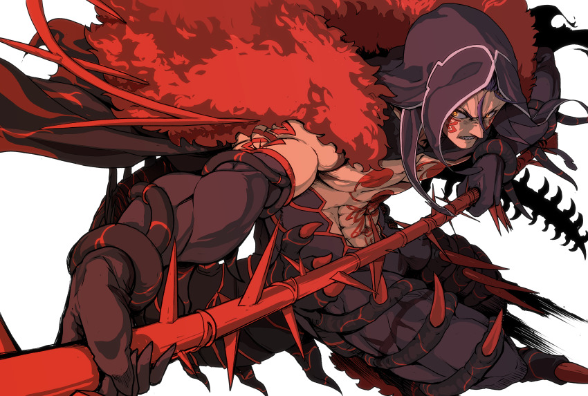 1boy abs absurdres angry bare_pectorals black_cape black_gloves black_hair cape chest_tattoo clenched_teeth commentary cu_chulainn_(fate) cu_chulainn_alter_(fate) cu_chulainn_alter_(third_ascension)_(fate) elbow_gloves facepaint fate/grand_order fate_(series) fur-trimmed_cape fur_trim gae_bolg_(fate) galbi_(iouytuuyio) gloves highres holding holding_polearm holding_weapon hood hood_up looking_at_viewer male_focus monster_boy pectorals polearm red_cape sharp_teeth simple_background solo spear spikes tail tattoo teeth weapon white_background yellow_eyes