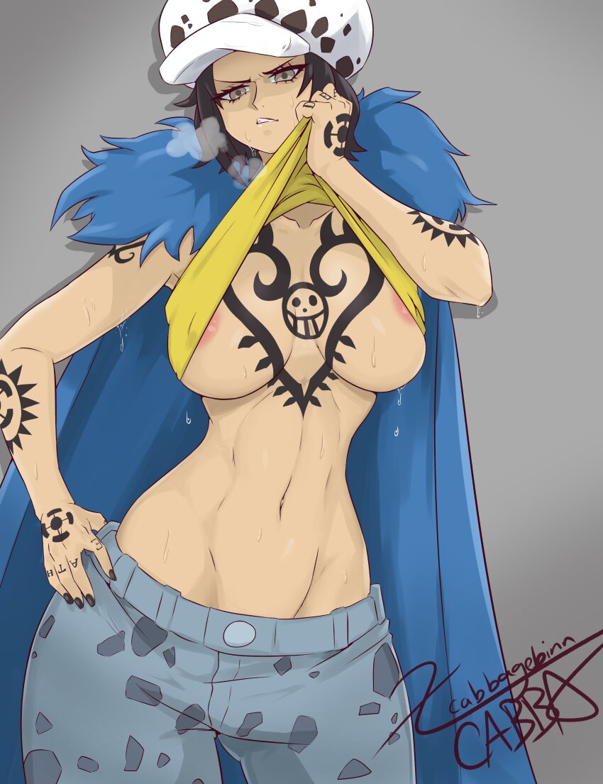 1girl absurdres angry areola_slip arm_tattoo black_hair breast_tattoo breasts cabbagebinn canon_genderswap clothes_lift denim female_focus genderswap genderswap_(mtf) hand_on_own_hip hat highres jeans large_breasts looking_at_viewer navel nipples no_bra one_piece pants shirt_lift solo tattoo teeth trafalgar_law trafalgar_law_(female) underboob wet wide_hips wiping_sweat wiping_with_clothes