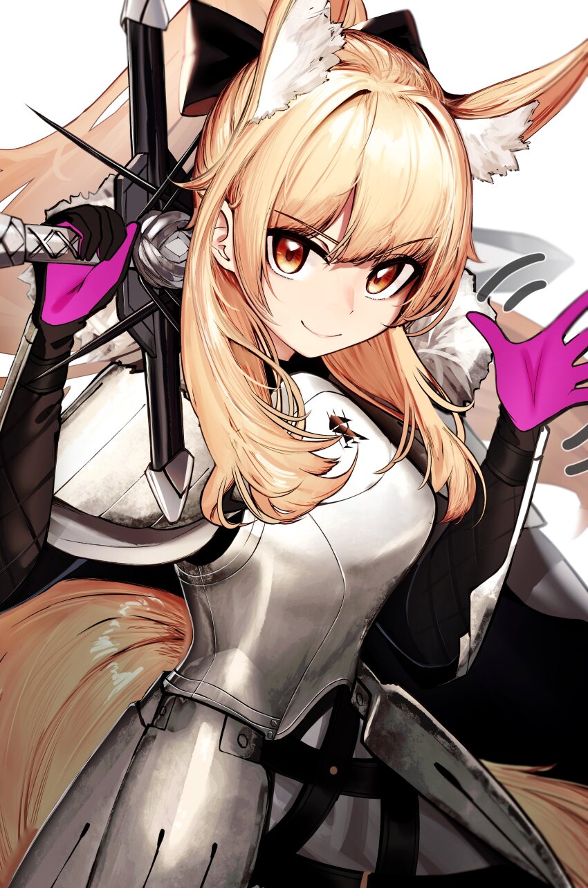 1girl absurdres animal_ear_fluff animal_ears arknights armor armored_dress black_gloves blemishine_(arknights) blonde_hair brown_eyes brown_tail closed_mouth commentary dress gloves hair_between_eyes highres holding kazimierz_logo long_hair penguin4 pink_gloves simple_background smile solo tail waving white_background