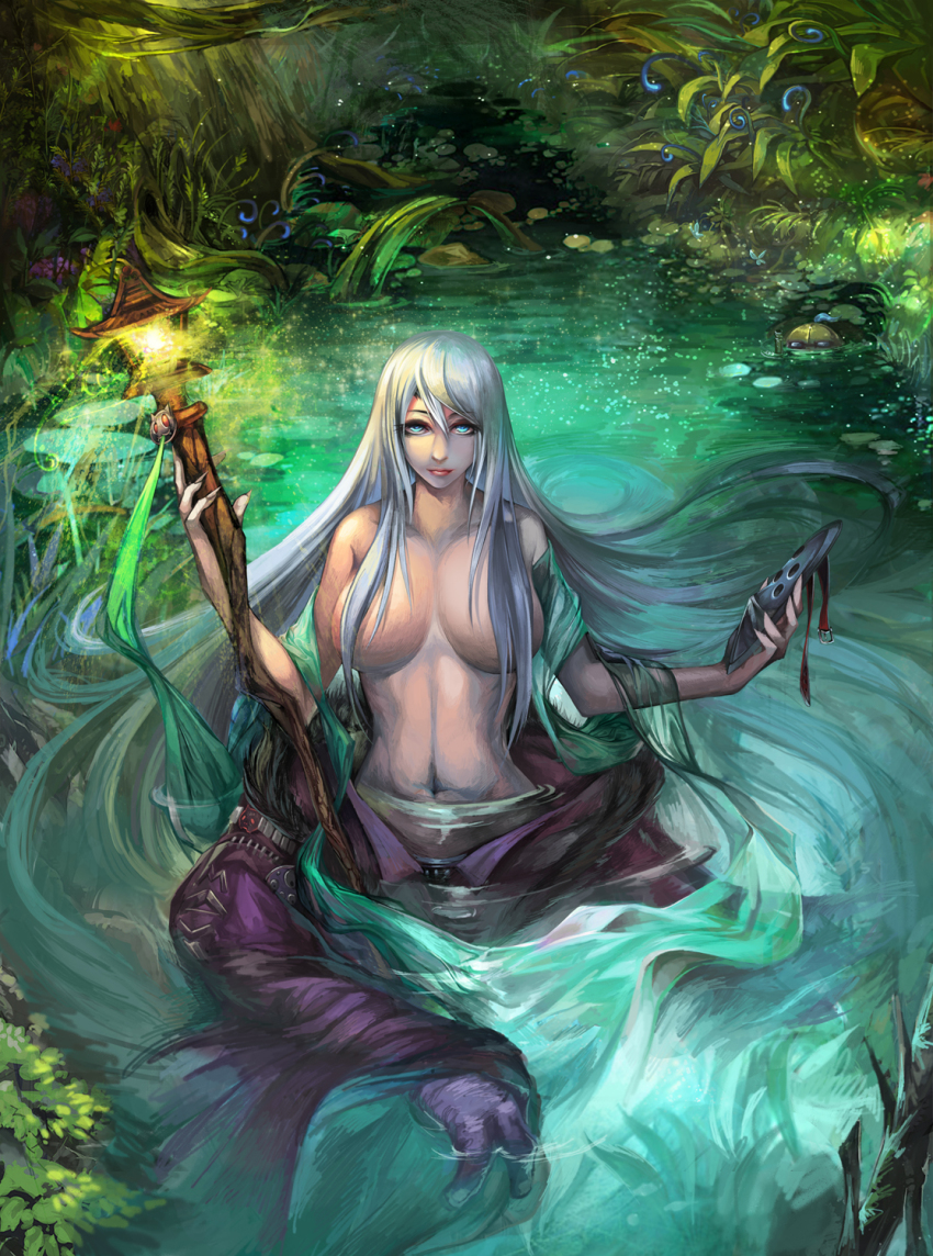 1girl bare_shoulders blue_eyes breasts female_focus genderswap genderswap_(mtf) hair_censor hair_over_breasts highres huge_breasts jax_(league_of_legends) league_of_legends long_hair looking_at_viewer maotu mask navel partially_submerged plant silver_hair smile solo staff unworn_clothes unworn_mask very_long_hair