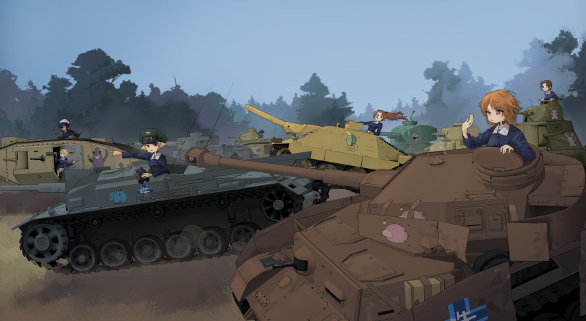 6+girls anglerfish anteater binoculars bird black_footwear black_hair blonde_hair blue_jacket bob_cut boots bow brown_eyes brown_hair char_b1 chips_(food) commentary cutlass_(girls_und_panzer) dark-skinned_female dark_skin day dixie_cup_hat duck emblem erwin_(girls_und_panzer) fish food food_in_mouth forest girls_und_panzer green_headwear hair_bow hat hat_feather highres hippopotamus holding holding_binoculars holding_smoking_pipe holding_telescope jacket jagdpanzer_38(t) kadotani_anzu leopon_(animal) long_hair long_sleeves m3_lee maid_headdress mark_iv_tank military_hat military_vehicle miniskirt motor_vehicle multiple_girls nature nishizumi_miho ogin_(girls_und_panzer) ooarai_(emblem) ooarai_military_uniform open_mouth outdoors peaked_cap pleated_skirt pointing potato_chips rabbit red_bow sawa_azusa shark sitting skirt smoking_pipe sono_midoriko sturmgeschutz_iii sweatdrop tank telescope throat_microphone tiger_(p) turretless_tank turtle twintails type_3_chi-nu type_89_i-gou uingssi white_headwear wind