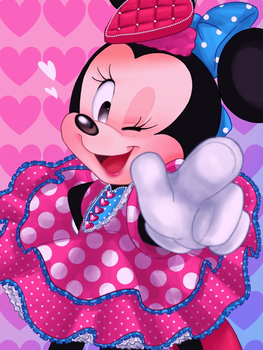 1girl animal_ears bow disney disneyland dress gloves hair_bow highres looking_at_viewer mickey_mouse_&amp;_friends minnie_mouse mouse_ears mouse_girl one_eye_closed open_mouth pink_dress polka_dot polka_dot_dress smile solo white_gloves yumeyo_hirake