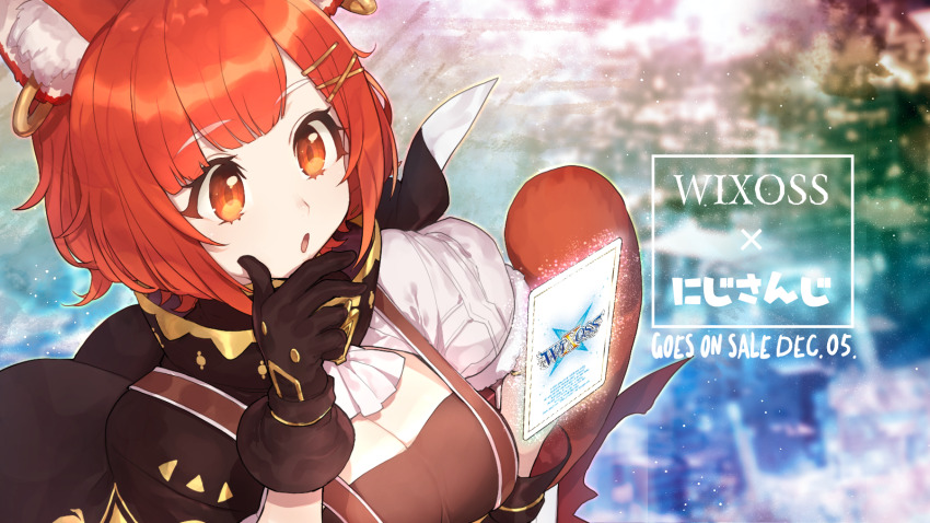 1girl :o blunt_bangs breasts brown_gloves card cleavage commentary_request floating floating_object gloves hair_ornament hand_up highres hitoto large_breasts nijisanji open_mouth ratna_petit ratna_petit_(1st_costume) red_eyes red_hair red_panda_ears red_panda_girl red_panda_tail short_hair short_sleeves solo upper_body virtual_youtuber wixoss x_hair_ornament