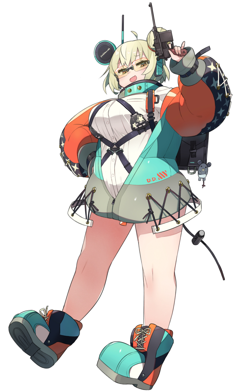 1girl absurdres ahoge backpack bag blonde_hair boots breasts brown_eyes buttons chest_harness cross-laced_clothes cross-laced_top ear_protection fang finger_on_trigger full_body gun hair_bun hand_on_own_hip handgun harness highres holding holding_gun holding_weapon jacket kometsubu lace-up_boots large_breasts long_sleeves mauser_c96 open_clothes open_jacket original safety_glasses shirt short_hair simple_background single_hair_bun skin_fang solo tinted_eyewear underbust weapon white_background white_shirt wrist_belt