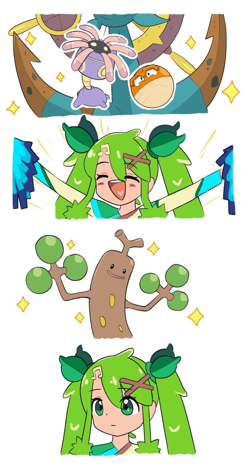 1girl calciumin dhelmise gen_2_pokemon gen_3_pokemon gen_7_pokemon grass_miku_(project_voltage) green_eyes green_hair hatsune_miku highres hisuian_voltorb lileep nintendo pokemon pokemon_(creature) project_voltage simple_background sudowoodo twintails vocaloid white_background