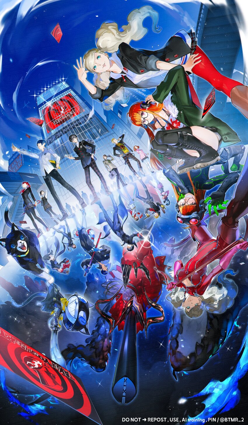 5boys 5girls absurdres akechi_gorou amamiya_ren anniversary arsene_(persona_5) bent_over btmr_game card cat city different_reflection dual_persona english_text highres jacket joker_(persona_5) kitagawa_yuusuke leaning_forward looking_at_viewer morgana_(cat)_(persona_5) morgana_(persona_5) multiple_boys multiple_girls niijima_makoto okumura_haru persona persona_5 persona_5_the_royal reflection sakamoto_ryuuji sakura_futaba scarf school_uniform shuujin_academy_school_uniform skirt smile sword takamaki_anne violet_(persona_5) weapon yoshizawa_kasumi