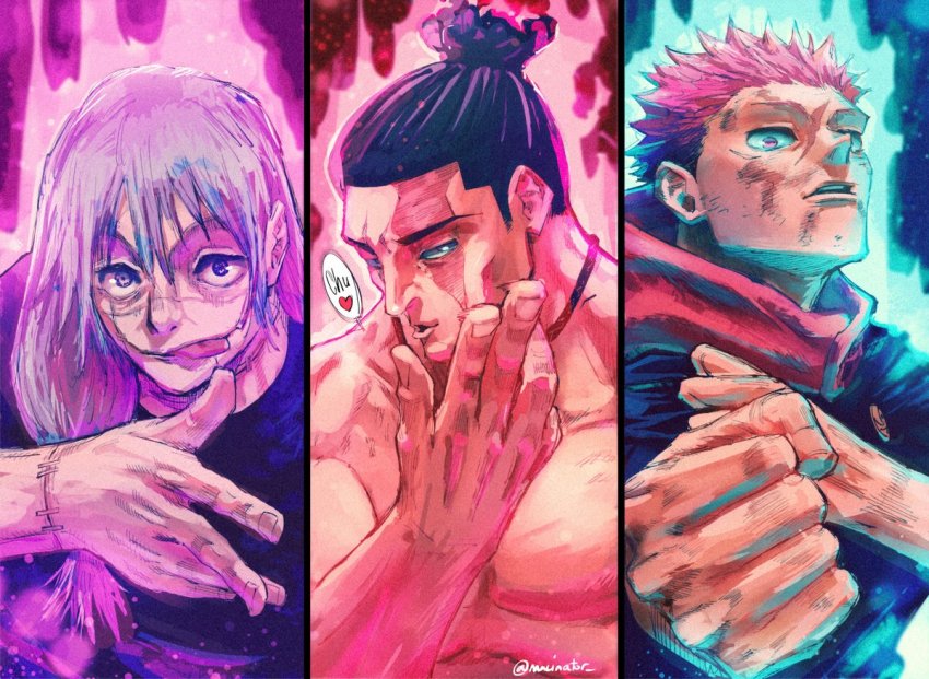 3boys akutami_gege colorized itadori_yuuji jujutsu_kaisen macinator mahito_(jujutsu_kaisen) multiple_boys tagme third-party_edit toudou_aoi_(jujutsu_kaisen)