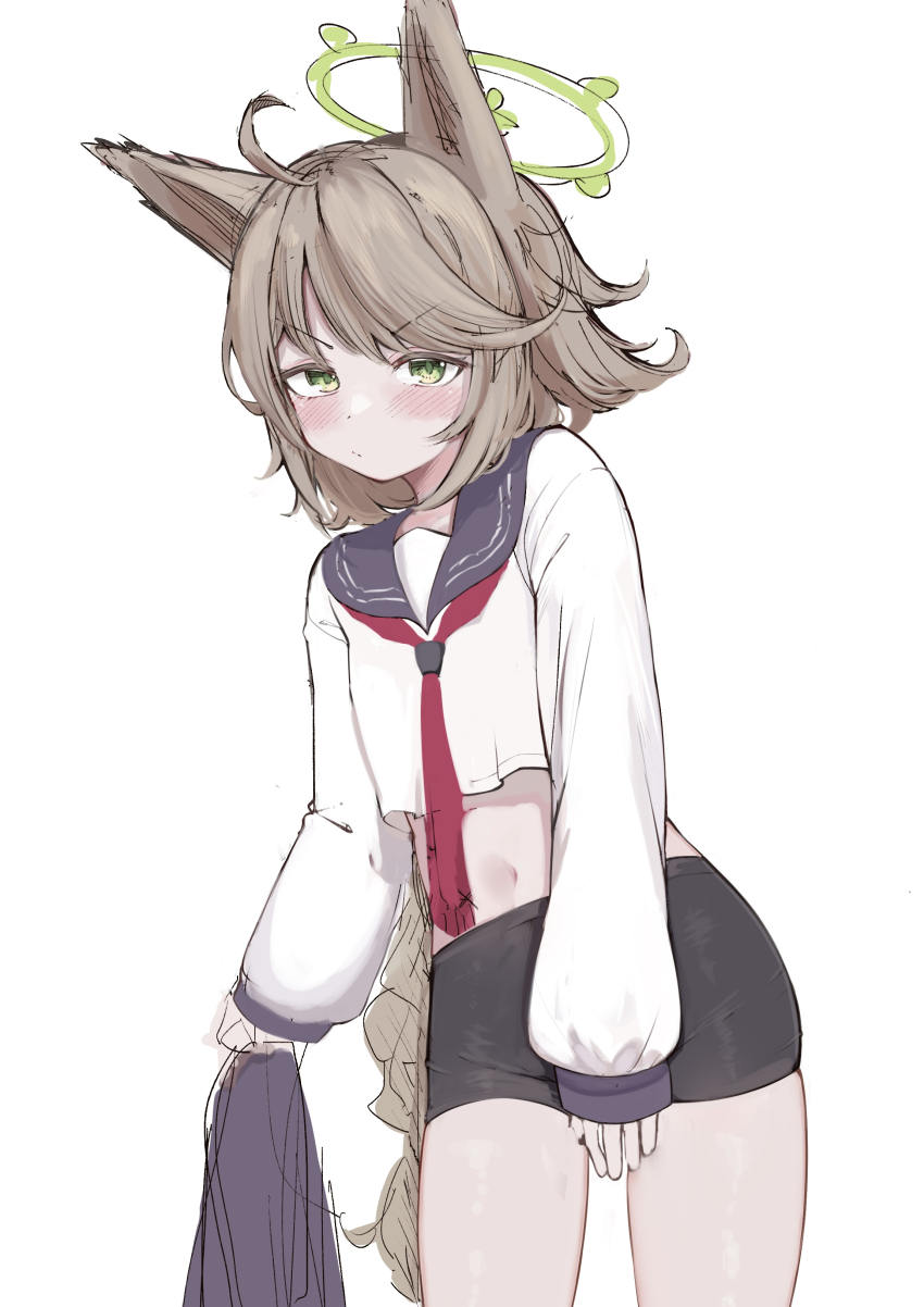 1girl absurdres ahoge animal_ears bike_shorts blue_archive blush braid brown_hair commentary_request dhuten fox_ears fox_girl green_eyes green_halo halo highres navel otogi_(blue_archive) partial_commentary school_uniform serafuku simple_background skirt unworn_skirt