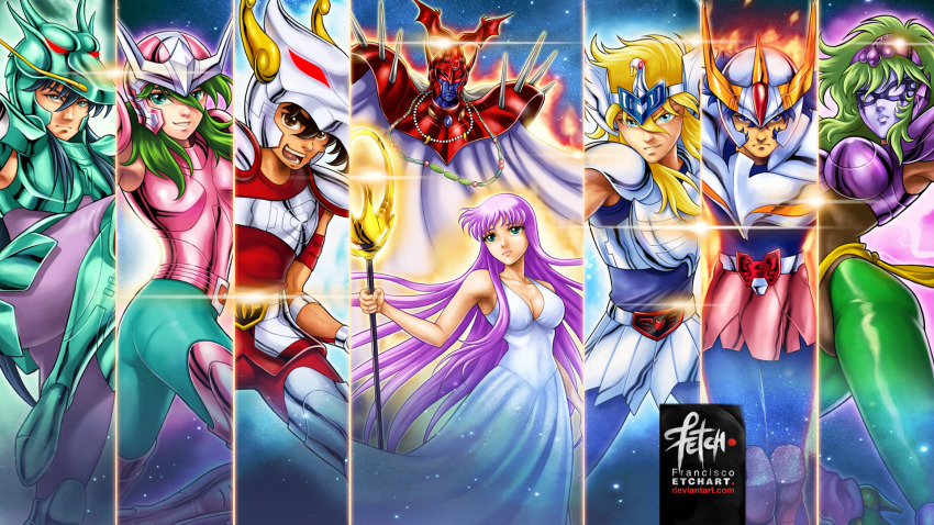 2girls 6+boys andromeda_shun armor armored_boots armpits athena aura bare_arms bare_shoulders belt bird blonde_hair blue_bodysuit blue_eyes blue_hair blue_skin bodysuit boobplate boots breastplate breasts brown_eyes brown_hair cleavage cloak closed_mouth collarbone colored_skin covered_navel cropped cygnus_hyouga deviantart_username dragon_shiryuu dress ear_protection energy epic expressionless fading faulds fighting_stance fire floating_hair franciscoetchart frown gem glint glowing glowing_eyes green_armor green_eyes green_hair grin hair_between_eyes hairband hand_up helmet high_heels highres holding holding_staff jewelry kido_saori leg_up leg_warmers legs_apart leotard light_particles light_rays lips long_dress long_hair looking_at_viewer looking_away looking_down looking_to_the_side looking_up magic mask medium_breasts multiple_boys multiple_girls necklace official_style open_mouth ophiuchus_shaina pearl_necklace pegasus_seiya phoenix_ikki pink_armor pope_ares purple_armor purple_bodysuit purple_hair red_armor red_eyes saint_seiya serious shiny_clothes shoulder_pads sidelocks sky sleeveless sleeveless_dress smile smirk spikes staff standing star_(sky) starry_sky swan thick_eyebrows twisted_torso very_long_hair watermark web_address white_armor white_dress winged_helmet
