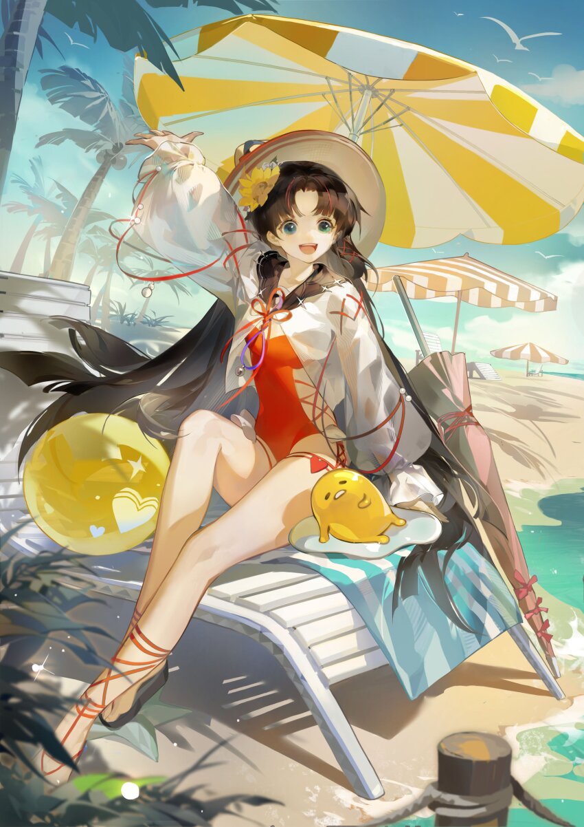 1girl absurdres arm_up ball bare_legs beach beach_chair beach_umbrella beachball bird black_jacket black_sandals blue_eyes blue_sky breasts brown_hair cleavage closed_umbrella cloud coconut collared_jacket commentary_request cross-laced_clothes cross-laced_one-piece_swimsuit cross-laced_sleeves day flower flower_knot frilled_sleeves frills full_body gudetama hair_flower hair_ornament hair_ribbon hat heart highres jacket knee_up layered_sleeves leg_ribbon long_hair long_sleeves looking_at_viewer multicolored_hair neck_ribbon on_chair one-piece_swimsuit open_clothes open_jacket open_mouth orange_one-piece_swimsuit orange_ribbon original outdoors palm_leaf palm_tree pink_umbrella red_hair red_ribbon ribbon ruoganzhao sandals sanrio see-through_clothes see-through_sleeves shore side_slit simple_bird sitting sky sleeves_past_wrists small_breasts smile solo straight_hair streaked_hair striped_umbrella sun_hat sunflower swimsuit teeth tree tress_ribbon two-tone_umbrella umbrella upper_teeth_only very_long_hair white_bird white_jacket white_sleeves white_umbrella yellow_flower yellow_hat yellow_umbrella